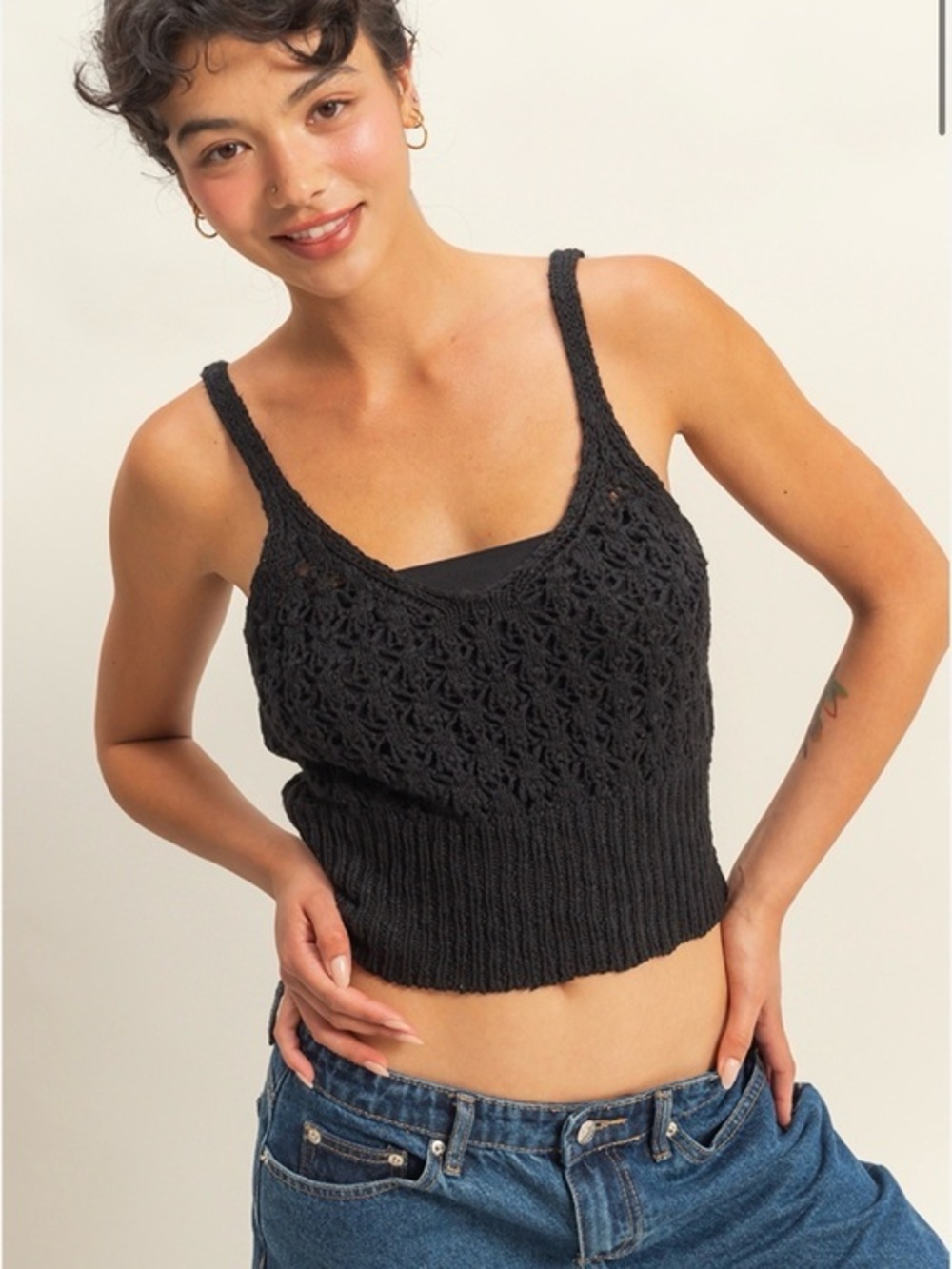 Black Crochet Knit Crop Tank Top - NWT - Medium
